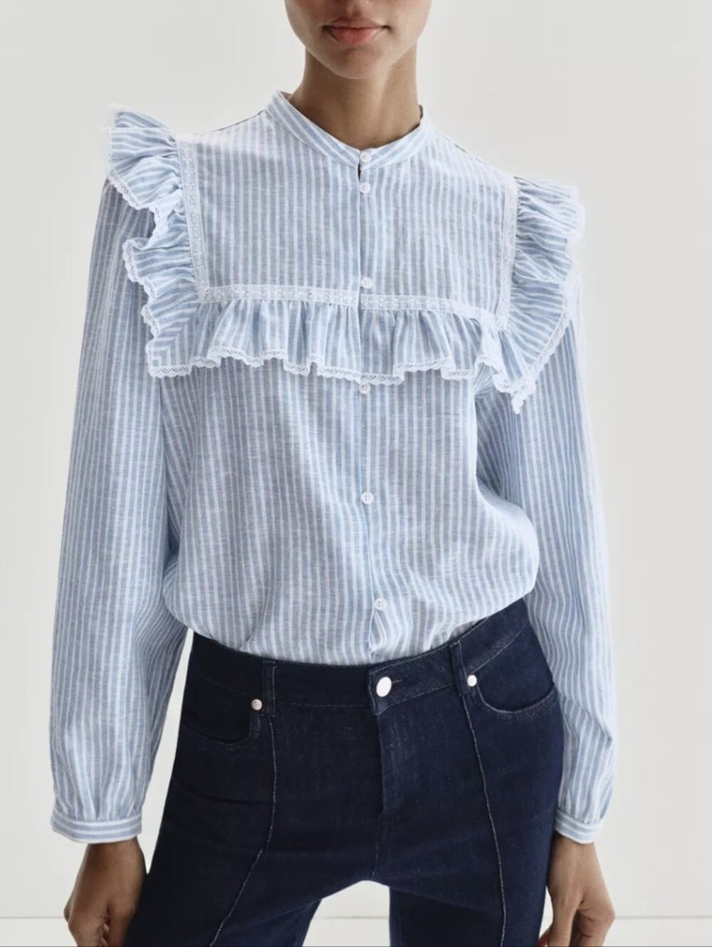 Zara METALLIC THREAD RUFFLED STRIPED SHIRT(M)